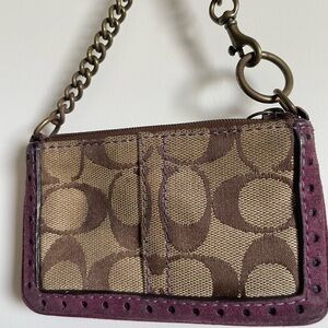 Coach Signature Jacquard mini card/wallet wristlet with Purple Suede Trim